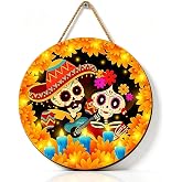 Halloween Wooden Sign The Day of Dead Decor with Skull designs Gold Flower Round Hanging Spooky Wreaths for Halloween Party Decoration，Home Wall Outdoor Indoor Garden Supplies
