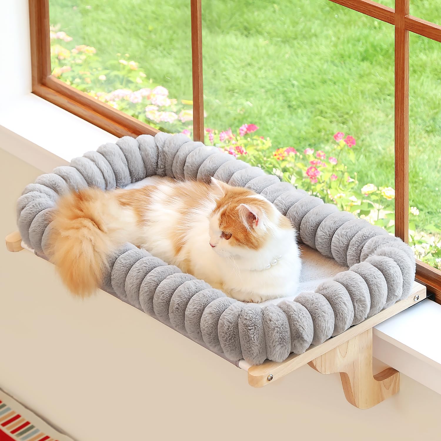 Photo 1 of Zakkart SnugCloud Cat Perch for Window Sill with 4-Sided Bolster - Orthopedic Cat Window Hammock - Solid Hardwood & Metal Frame - Window Seat for Pets (Natural Color Wood w/Gray Bed, Medium)