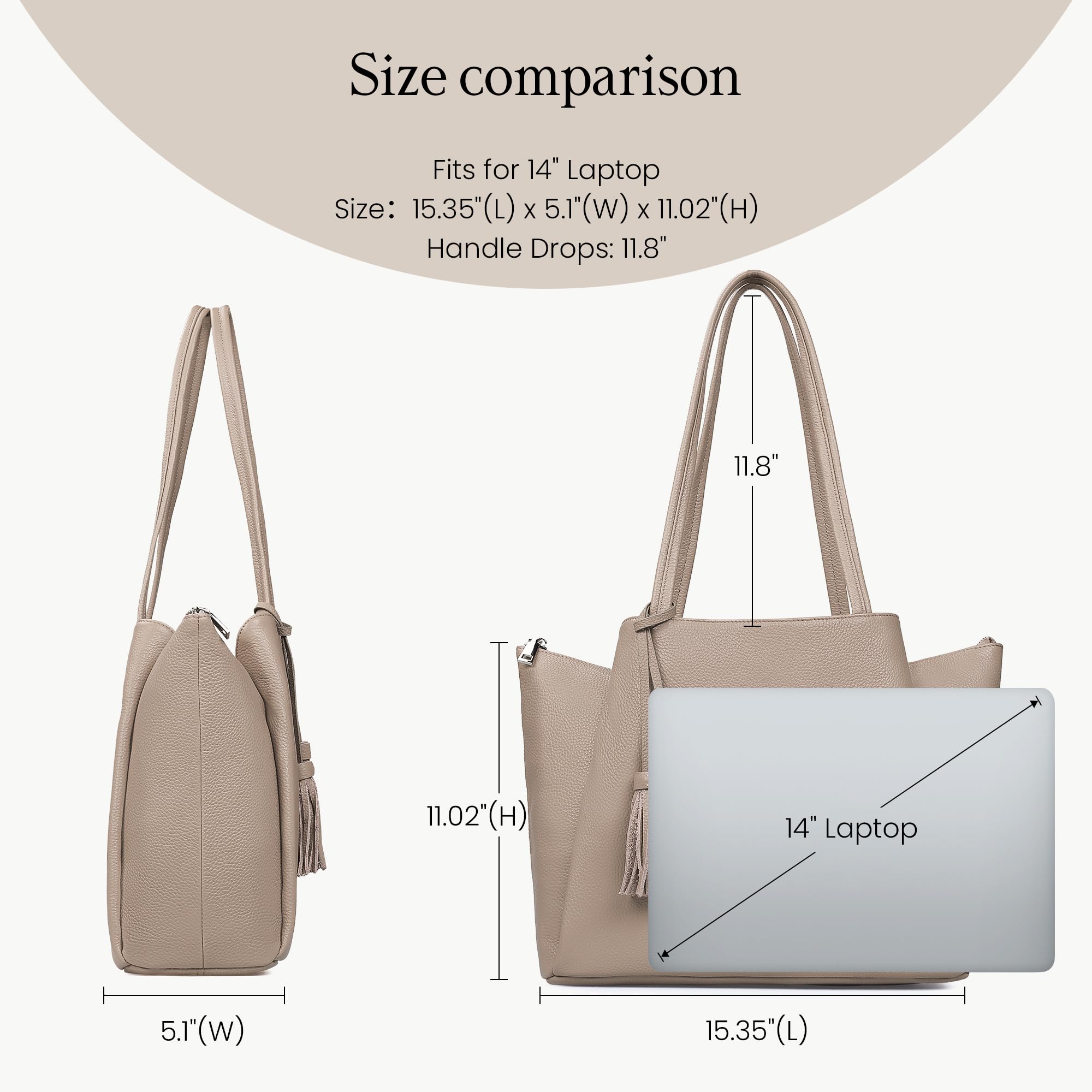 befen Tragetasche aus echtem Leder für Damen, Arbeit, Laptop-Tragetasche, Schultertasche, Tragetaschen mit Fächern, Handtaschen, Taupe, Medium