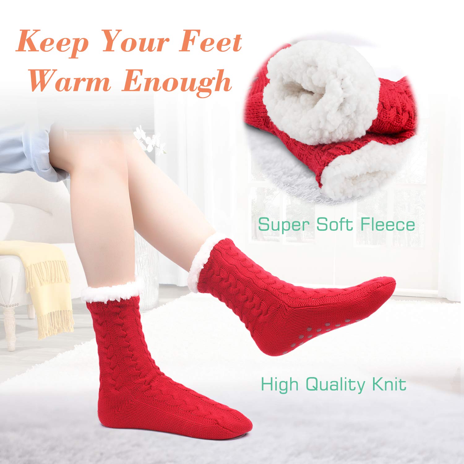 2 Pairs Women Fleece Lined Socks Cozy Fuzzy Winter Twist Slipper Socks with Gripper