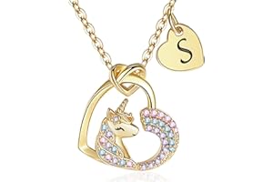 FLNEOO Unicorn Gifts for Little Girls Jewelry - 14K Gold Plated Unicorn Necklace With Initial Personalized Gifts for Preteen Girls Heart CZ Pendant Hypoallergenic Unicorns Jewelry Birthday Gifts for Girls