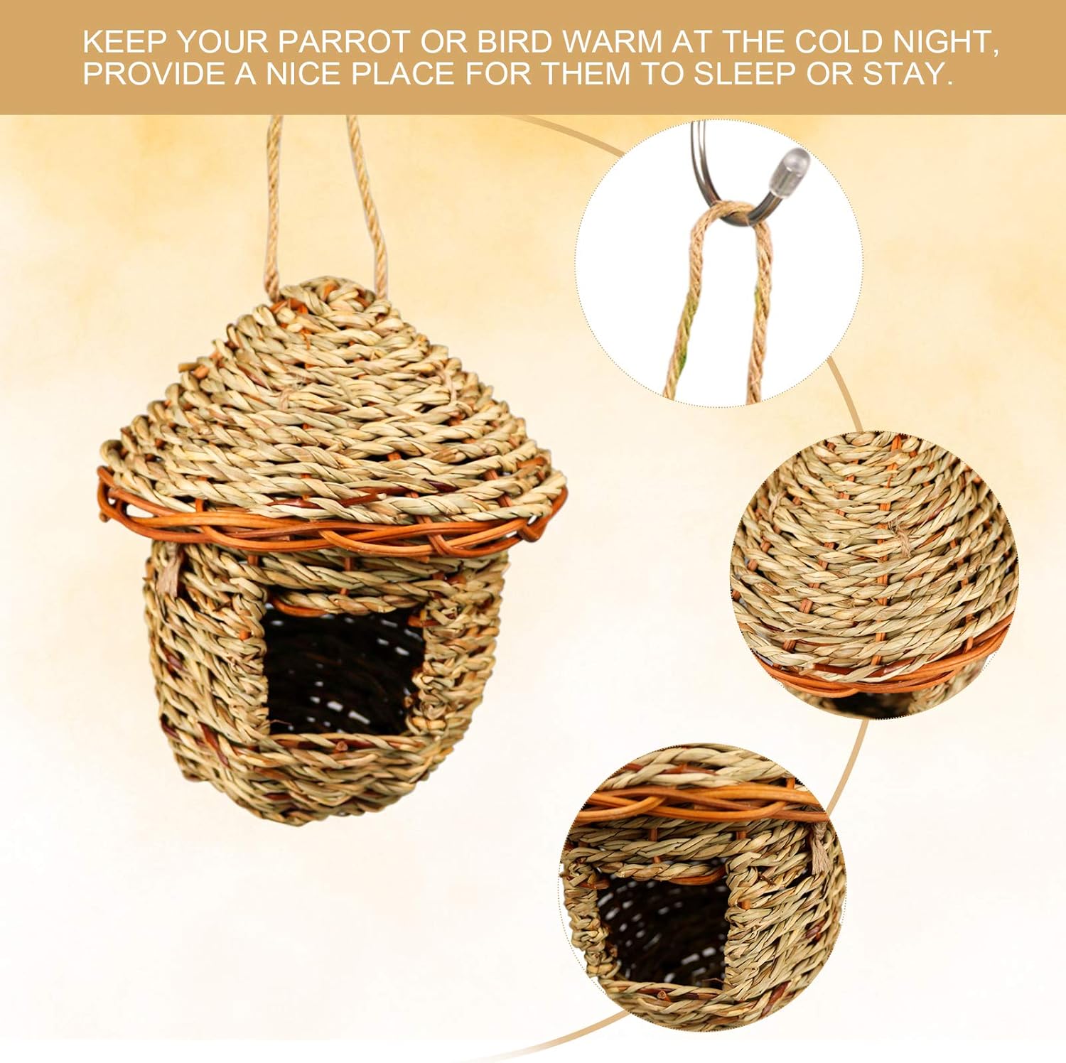 Hummingbird Bird Nest, Handwoven Straw Grass Hanging Bird Hut Grass Woven Parakeet Breeding Cave Cozy Resting Place Sparrow House for Cockatiel Parrots Parakeet Conures Finch (H01) : Kitchen & Dining
