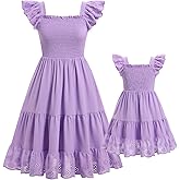 AWIBMK Mommy and Me Dress Boho Summer Casual Holiday Mother Daughter Matching Ruffle Sleeve A-line Tiered Smocked Dress