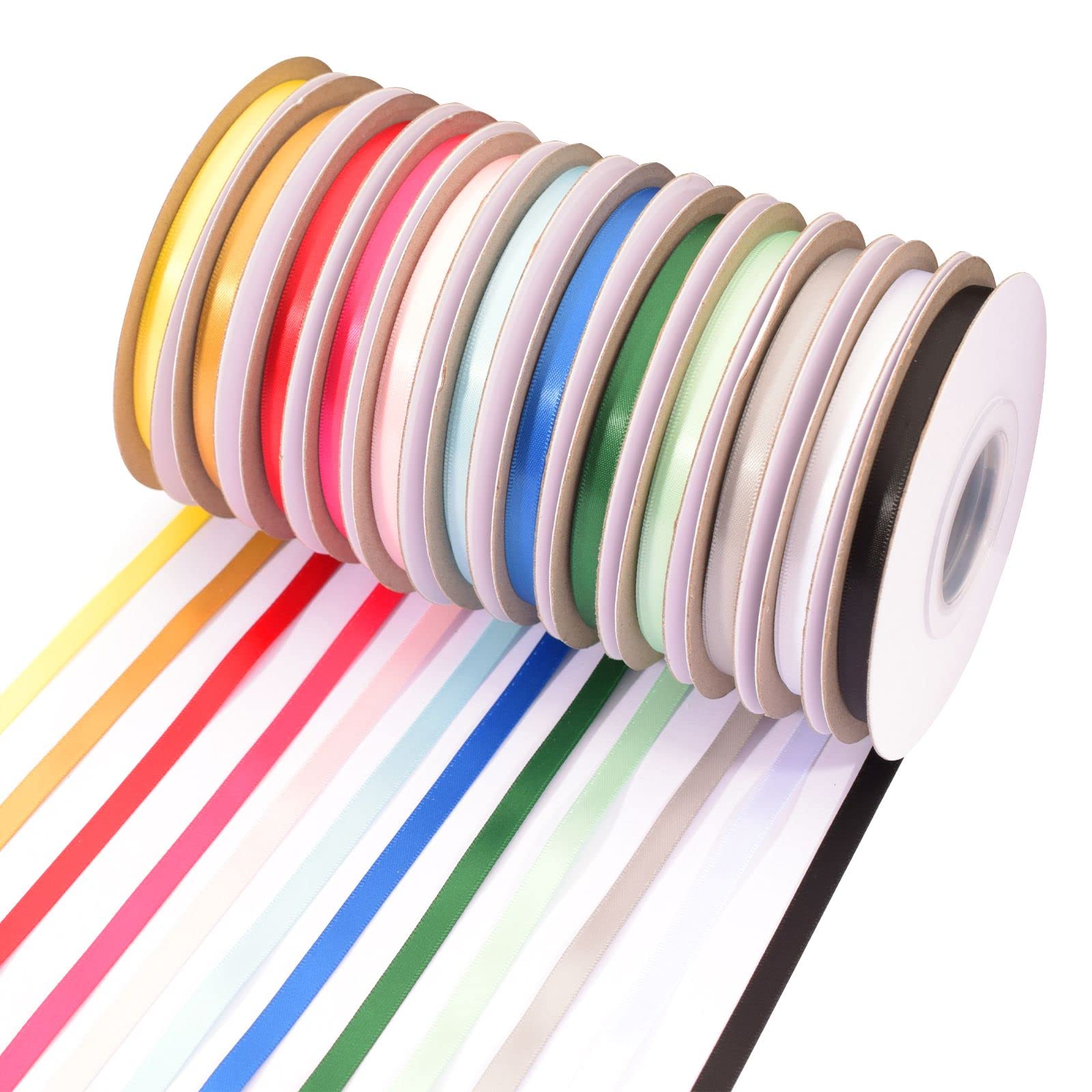 Vaessen Creative Satin Ribbon, Set of 12 Spools, 6mm x 20m, Elegant Shine for Card Making, Scrapbooks, Gift Wrapping and Other Craft Projects, Fabric, Mixed Colours