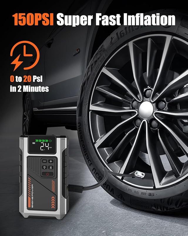 Booster Batterie Voiture avec Gonfleur Puissant 6000A Fonction de Gonflage des Pneus 150PSI Essence 10L Diesel 8.5L Température de décharge -20 ℃ à 70 ℃ (PD-JA2)