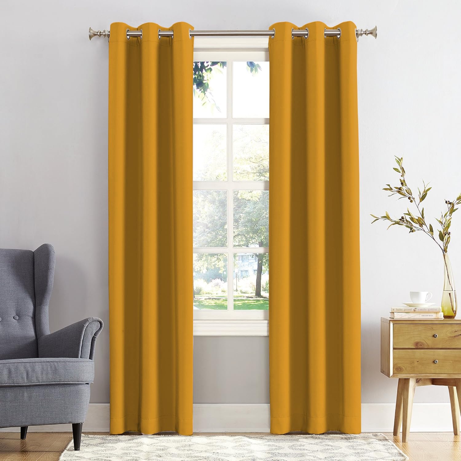 REHAN & CO Blackout Curtains for Bedroom Super Soft Thermal Insulated Black Out Eyelet Curtains with Tie Backs for Living Room, Kitchen Ochre (W66 x L54 Inch 2 Panels)