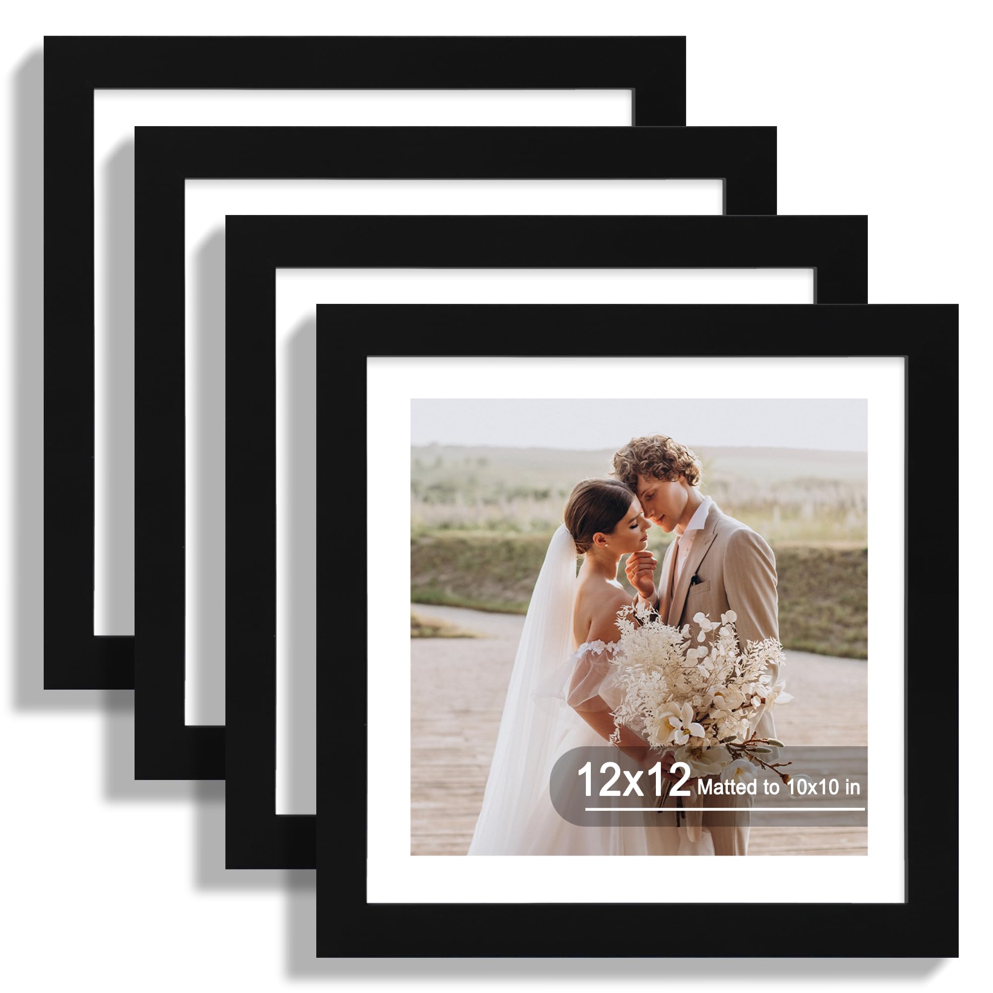Hongkee 12x12 Picture Frame Set of 4 - Made of Glass and Black Wooden Frame, Display Square Pictures 10x10 with Mat or 12 x 12 without Mat, Desktop & Wall Collage Photo Frame Image