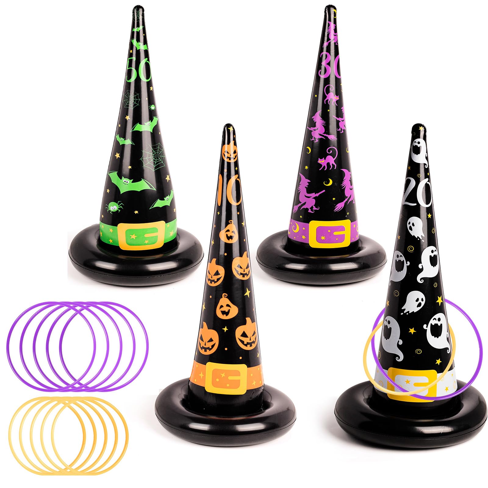 Halloween Ring Toss Game - Party Set With 4 Inflatable Witch Hats and 10 Rings, Target Toss Toy for Kids Adults Family Indoor Outdoor Fun