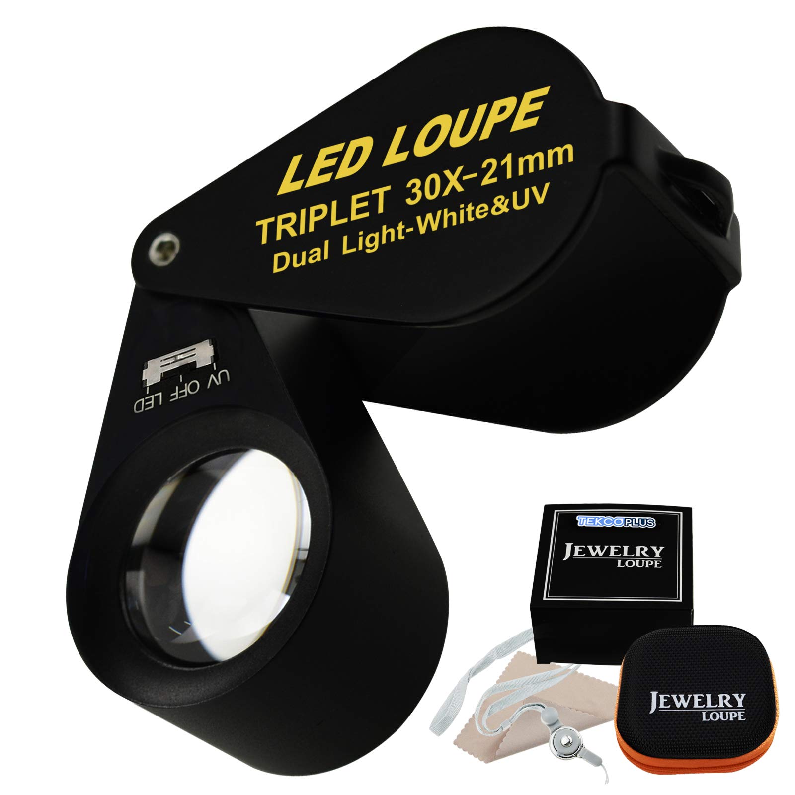 30x 21mm LED Loupe Jeweler Magnifier Magnification Dual 6 LED Lights (White) & UV Light, Black Frame, Foldaway Pocket, Achromatic Aplanatic, Triplet Lens Magnifying Gem (30x Magnification)