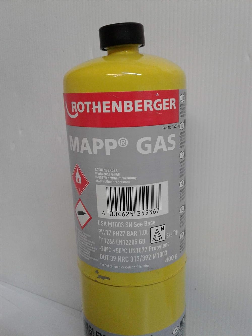 Rothenberger 35536 MAP//PRO Gas Cylinder 399.7g Steel Valve Safety