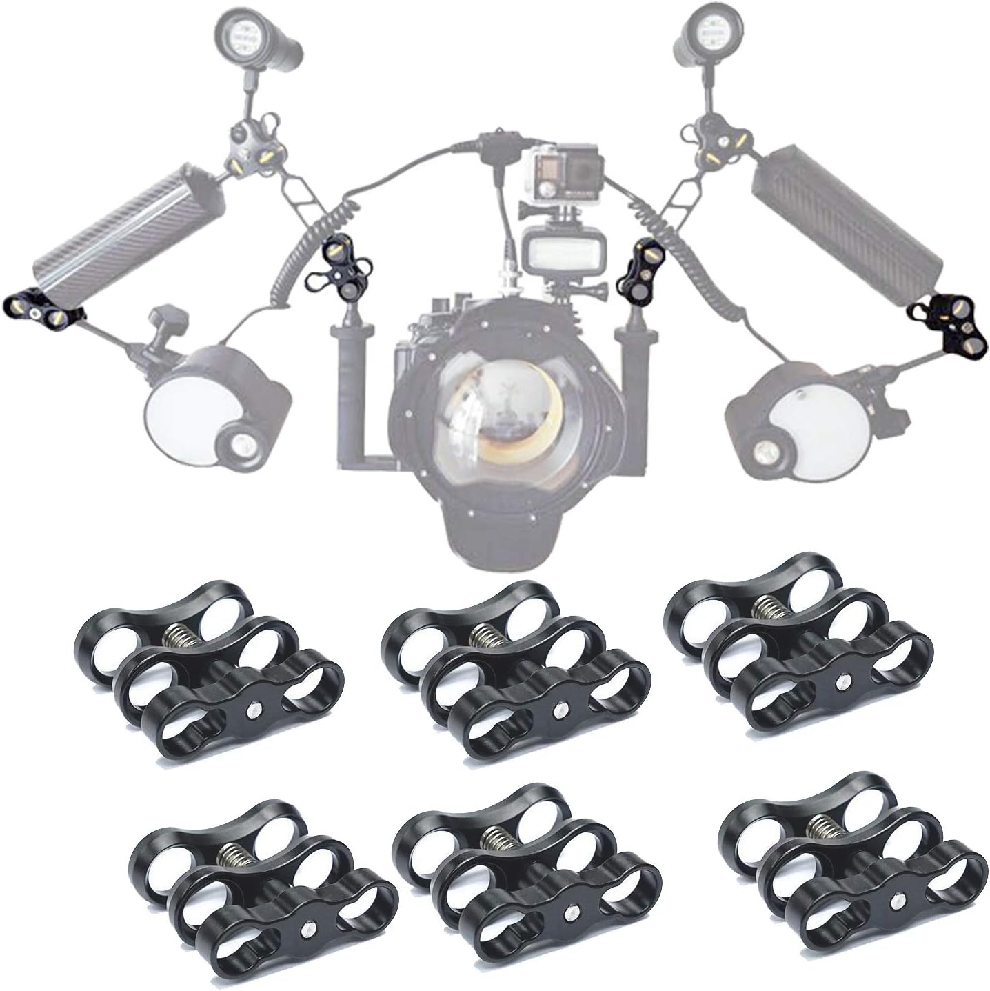 WLPREOE 1'' Ball Clamp Mount x 6pcs, CNC Anodizing Aluminium Long Clamp, 360° Clip Adapter Bracket Holder for GoPro, Underwater Camera, Underwater Housing, Diving Light Arm Connected Accessories