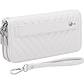 B BRENTANO Vegan Leather Double Zipper Pocket Wallet with Grip Hand Strap (Chevron Embroidered White)