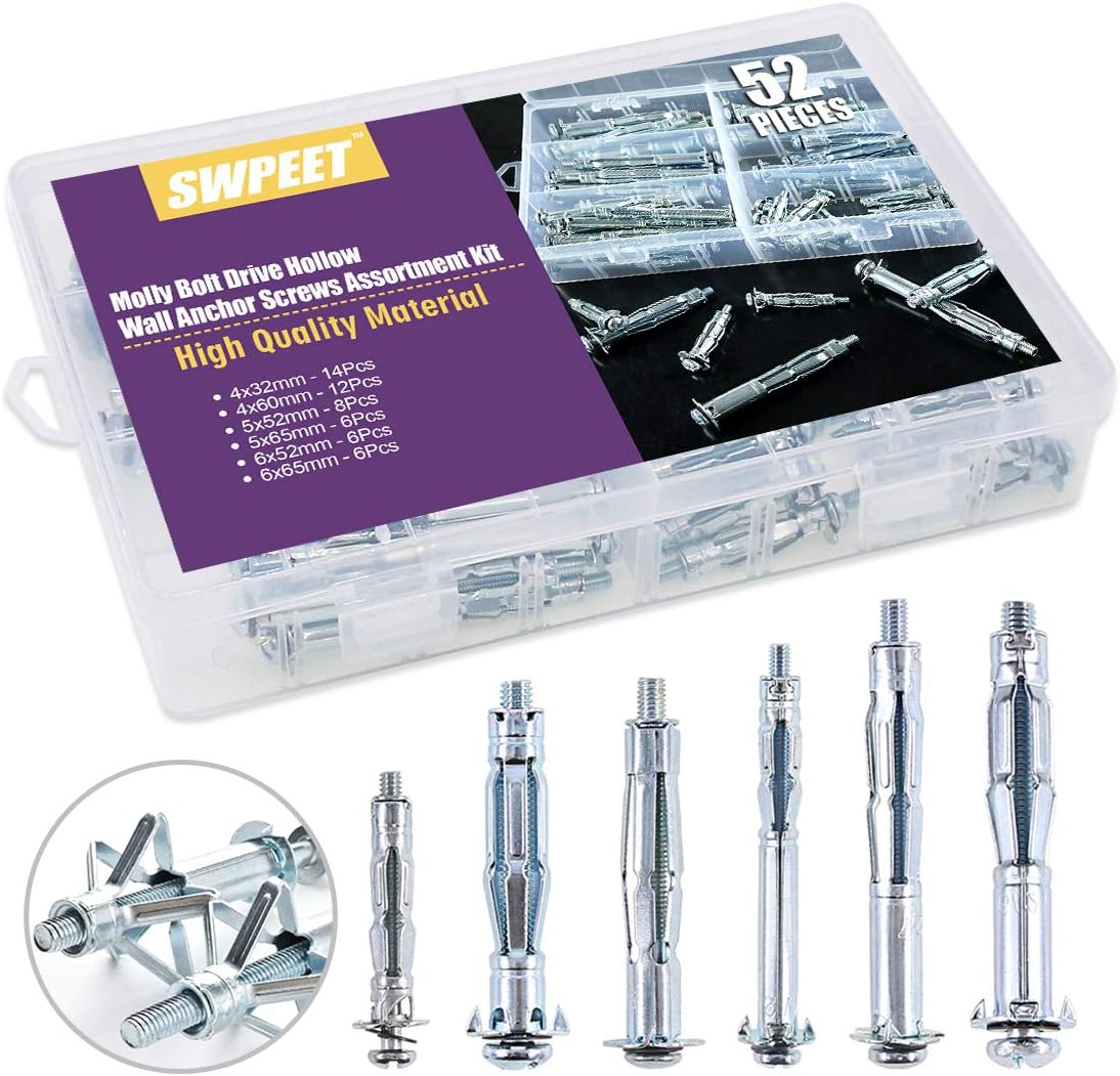 Swpeet 52Pcs Molly Bolt Assortment Kit, Hollow Wall Anchors