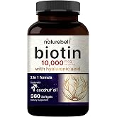 NatureBell Biotin 10000mcg + Hyaluronic Acid 25mg | 360 Coconut Oil Softgels, Premium Biotin Supplement for Hair Skin and Nails*