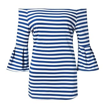 XuxMim Frauen Summrt Off Schulter ausgestellte Ärmel Streifen T Shirt Top Bluse