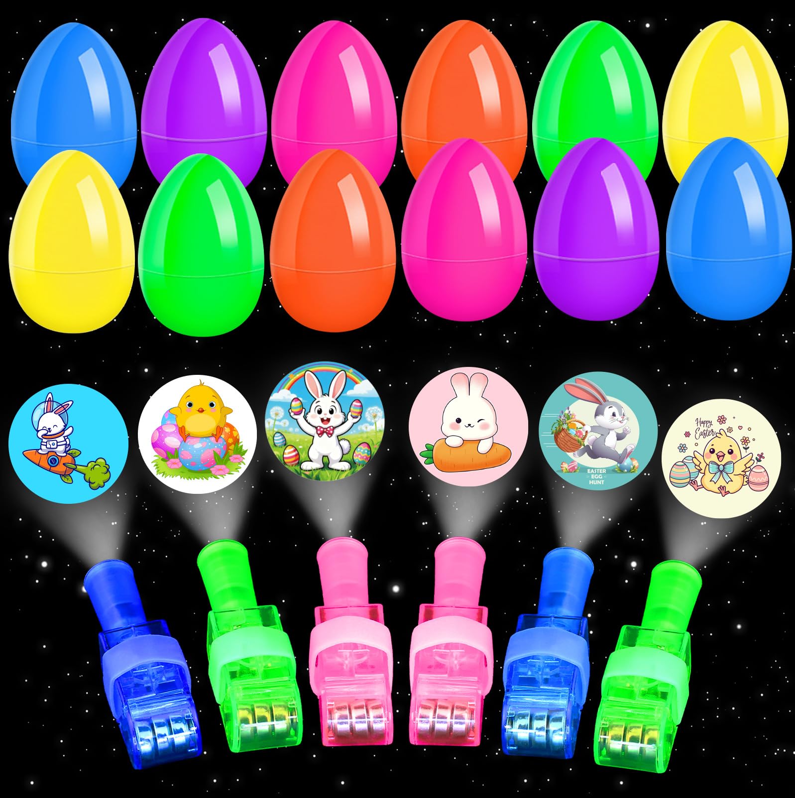 Easter Basket Stuffers Essentials for Teens Kids, 12Pcs Prefilled Easter Eggs with Finger Lights Toys, Easter Egg Fillers for Boys Girls, Classroom Treasure Box, Glow in the Dark Hunt Party Favors