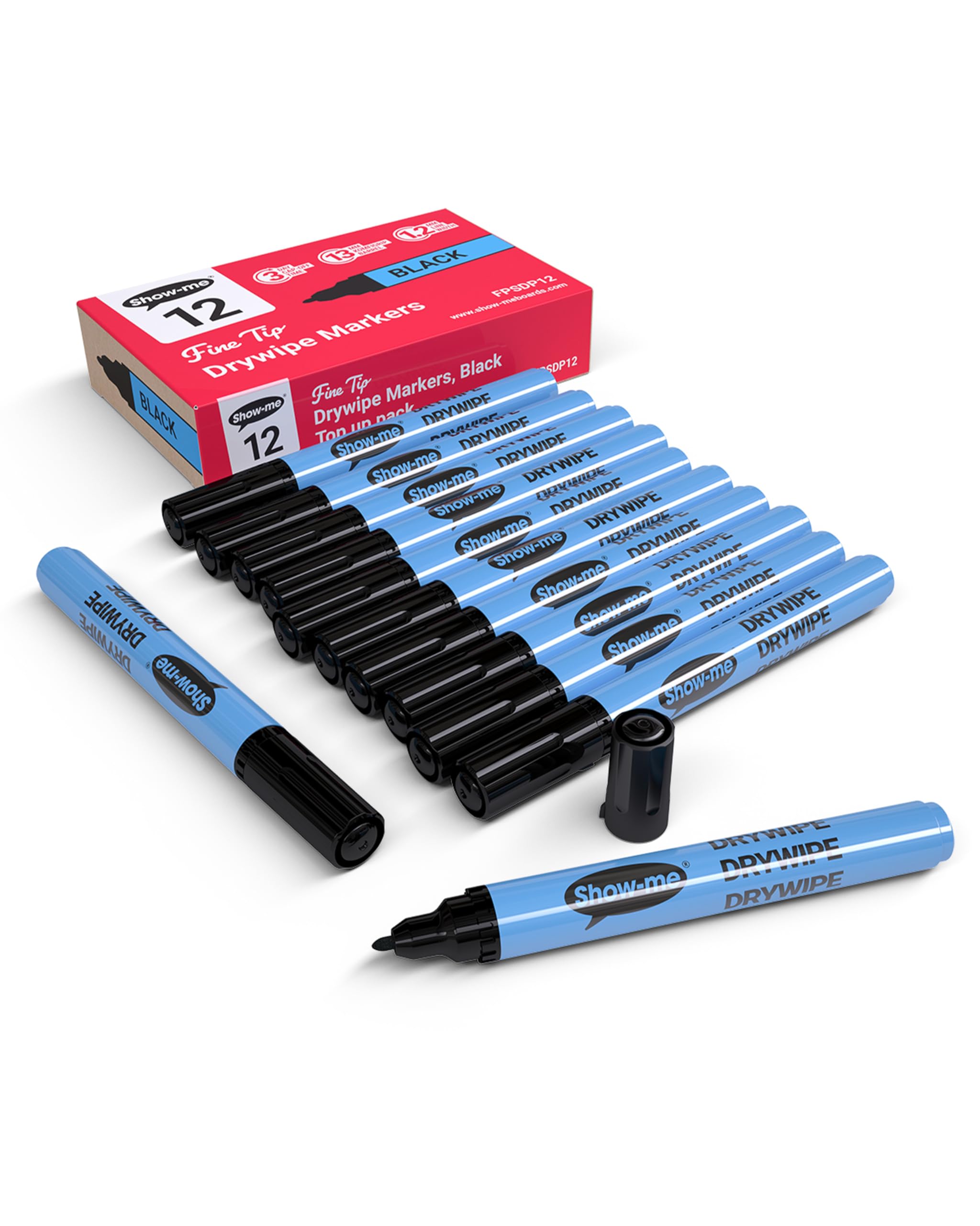 SHOW-ME - Whiteboard Markers | Drywipe, Erasable Black Fine Tip 1.2mm Line | Classroom Board Writing Pens with 3-Day Cap-off, Box of 12