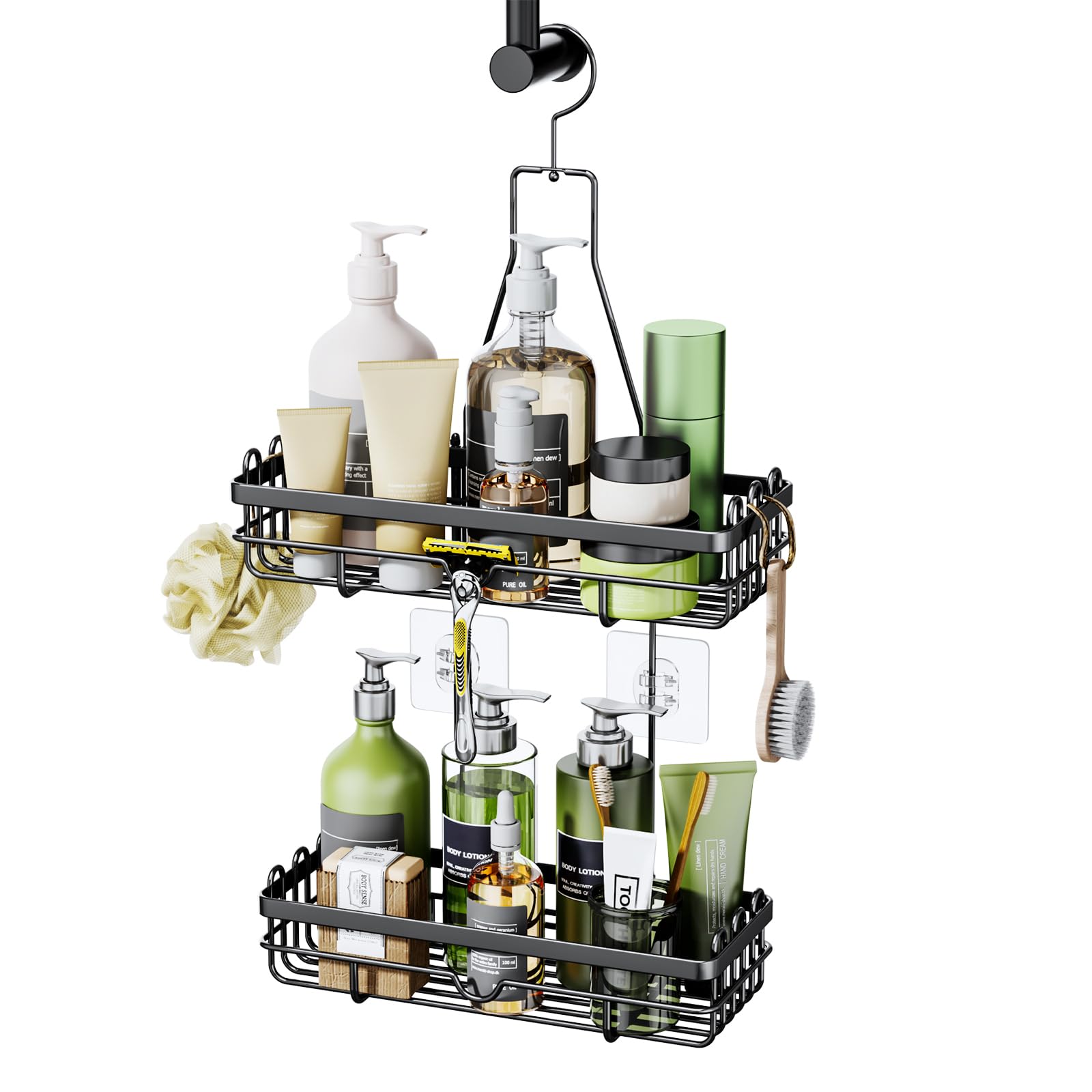 HapiRm Shower Caddy Hanging - No Drilling Stainless Steel Bathroom Organiser, 2 Tier Shower Shampoo Holder, Rust-resistant Shelf Storage for Bathroom Accessories,3 Screw Adhesives, Black