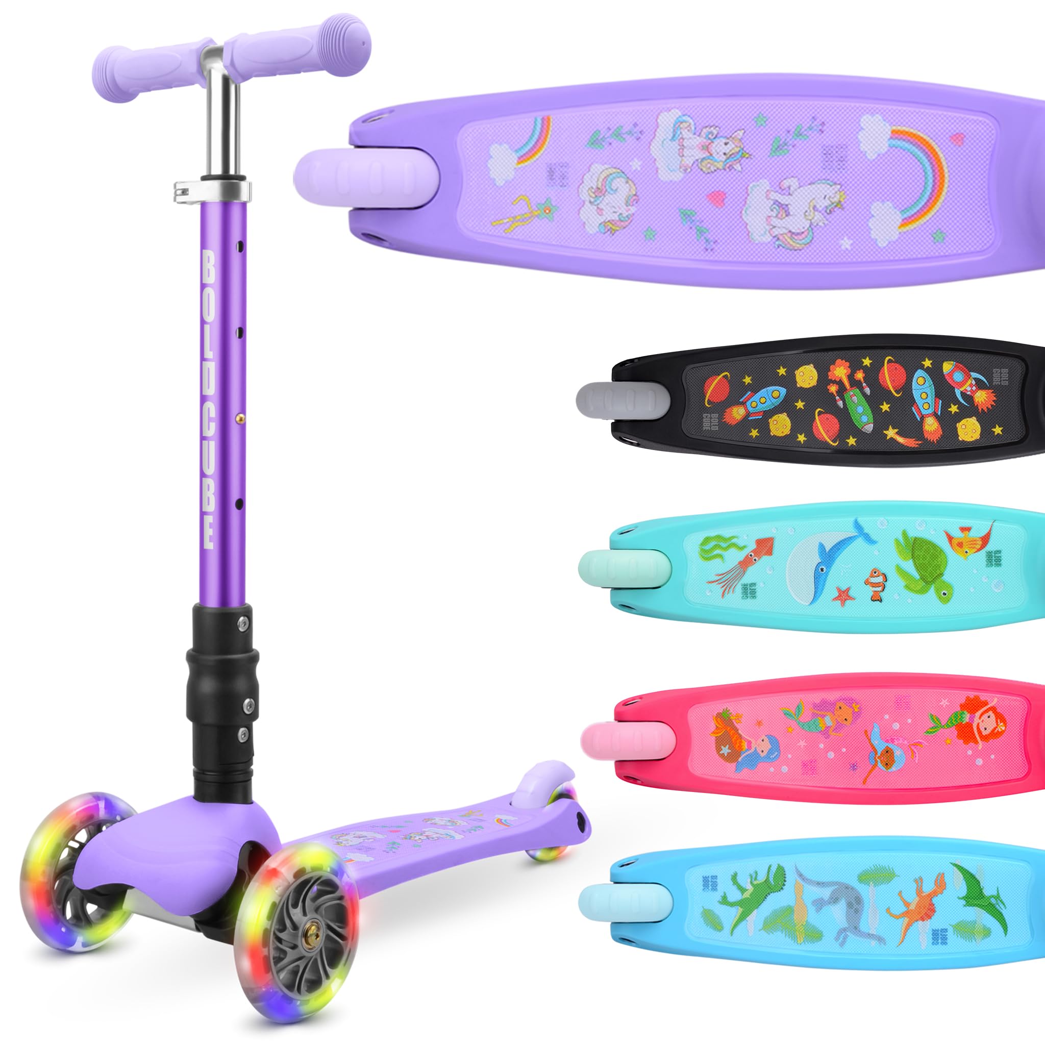 BOLDCUBE Teeny Fold Unicorn | Scooter for Boys and Girls Ages 3-8 Years | Foldable | Flashing Light Up Wheels | Height Adjustable 61 to 79 cm