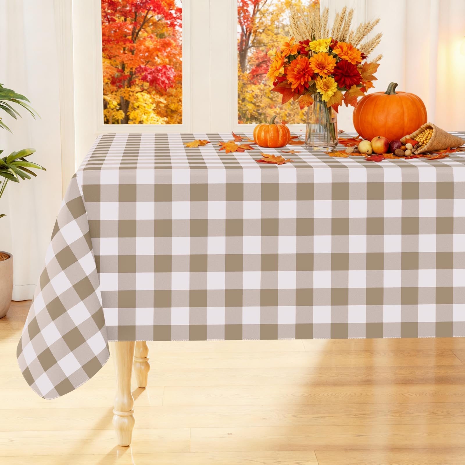 Photo 1 of Smiry Rectangle Table Cloth, Waterproof Vinyl Tablecloth with Flannel Backing, Wipeable Buffalo Plaid Table Cover for Dining, Indoor and Outdoor (Khaki & White, 60"x120")