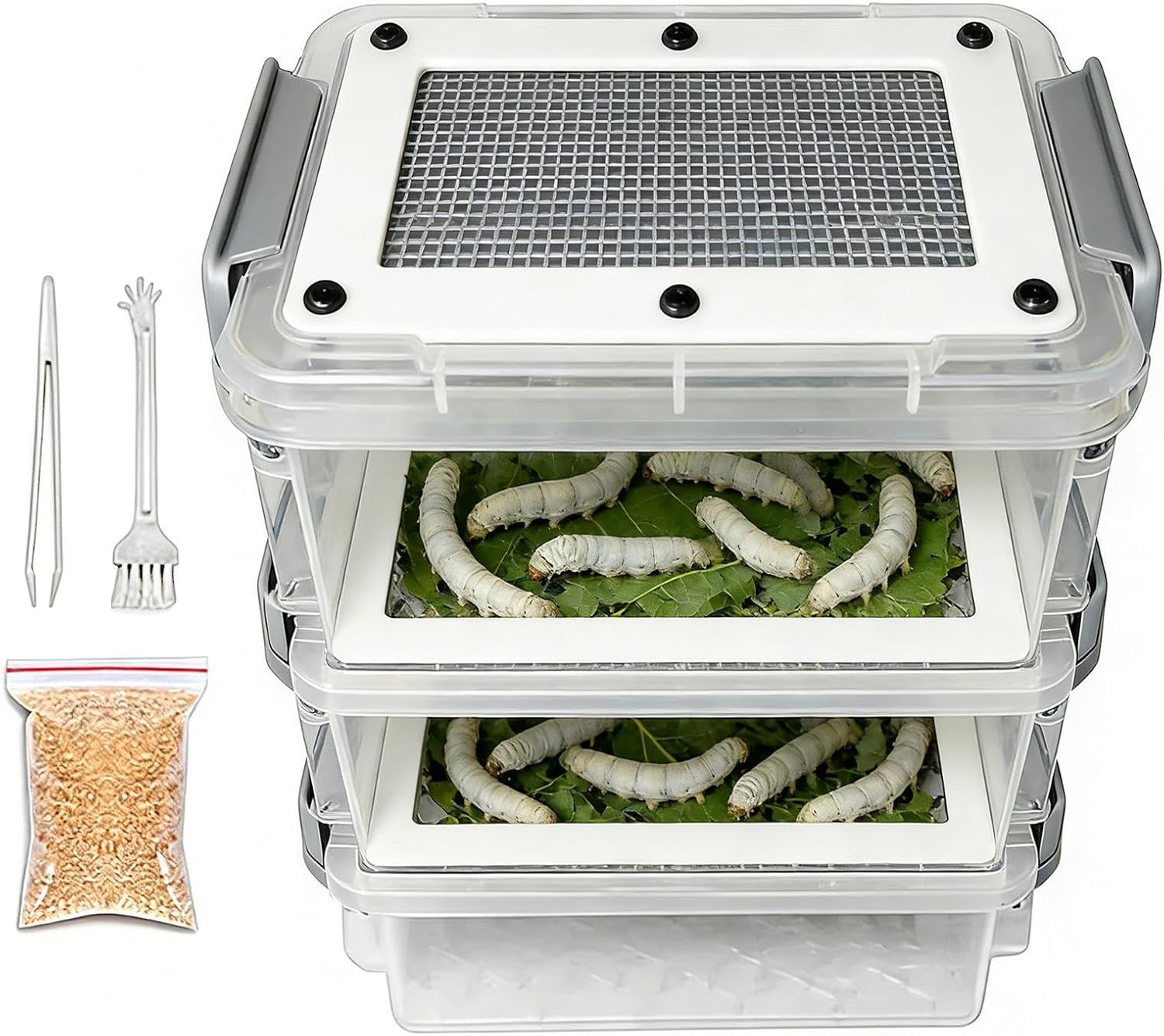 Mealworm Breeding Kit, Rearing System, 3 Layer Ventilated Bin with Stackable Trays, Easy Clean Corn Worm Habitat Box for Reptile Feeders Farming Education, Space Saving Setup for Pet Feeding