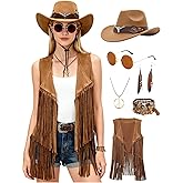 Verceco Cowgirl Outfits for Women Western Retro Cowgirl Costume Country Fringe Vest and Cowboy Hat 6 PC 70s Hippie Outfit