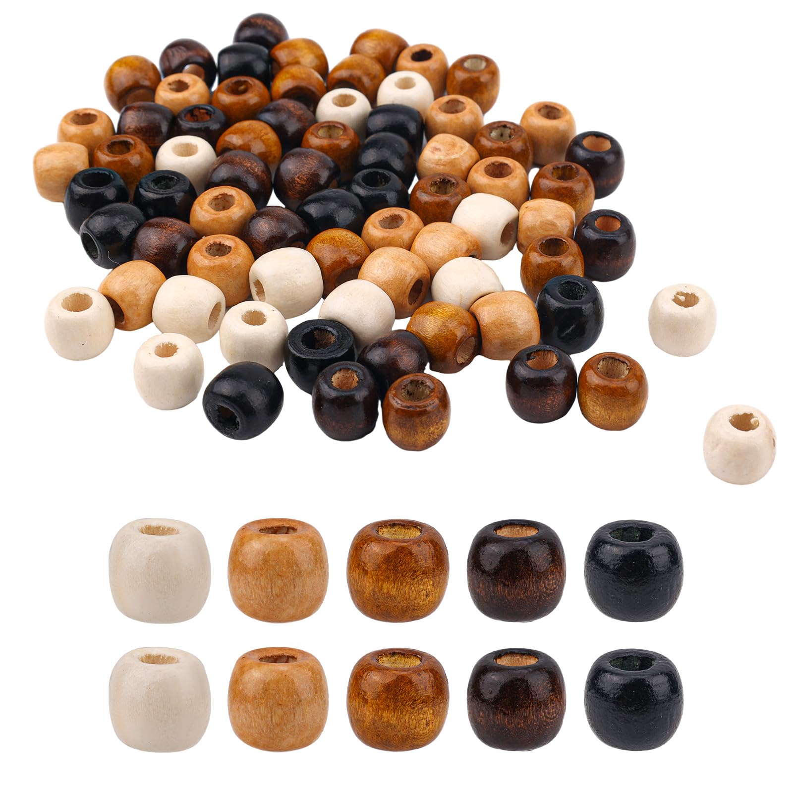 100pcs Large Hole Wooden Beads - 0.47x0.43 Inch Round Wood Loose Beads for Retro Hair Braids, Macrame, Jewelry Making & DIY Crafts (5 Colors)