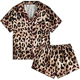BEAUDRM Women's 2 Piece Satin Pajama Set Leopard Button Front Short Sleeve Cheetah Collar Shirt and Shorts Sleepwear Set Pjs