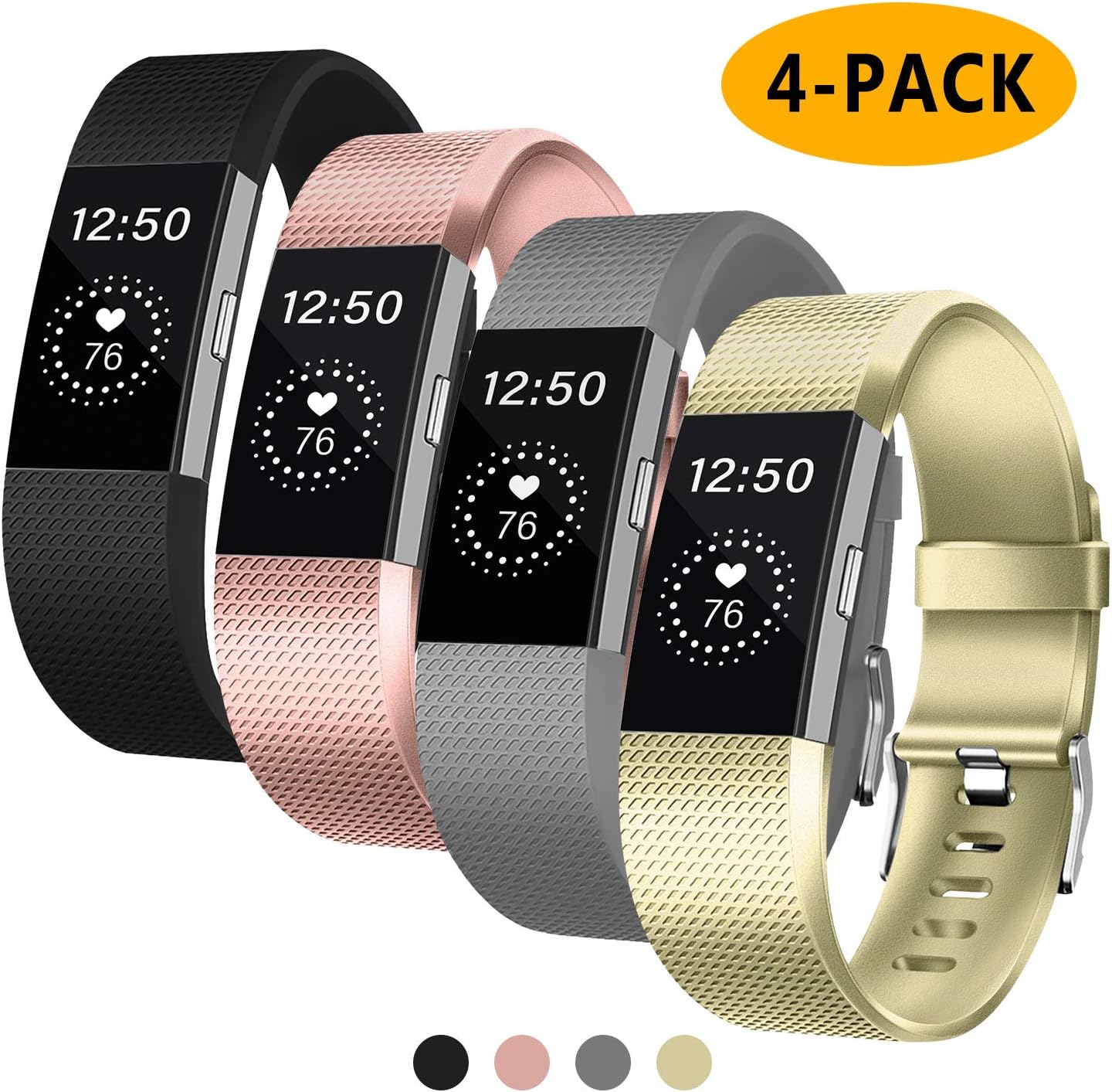 Fondenn Bands Compatible with Fitbit Charge 2 for Women and Men (4 Pack), Classic Adjustable Soft Silicone Sport Strap Replacement Wristband for Fitbit Charge 2