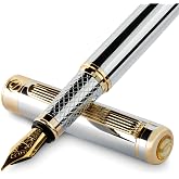 Scriveiner Silver Chrome Fountain Pen - Stunning Luxury Pen, Real Gold Finish Schmidt Gilded Nib (Medium), Best Pen Gift Set for Men &amp; Women, Professional, Executive Office, Nice Pens
