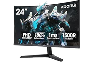KOORUI 24 inch Curved Gaming Monitor 180Hz FHD 1080P Computer Monitor, 1ms 1500R Display, Adaptive Sync, FreeSync Premium, HDMI 2.0X2 & DP 1.2, VESA, Tilt, 24E6CA