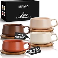 MIAMIO – 320 ml., Set of 4 Ceramic Tea Cup and Saucer Bamboo/Tea Mug - Wide Cappuccino Cup, Coffee Cups Ceramic Mug for Cappu