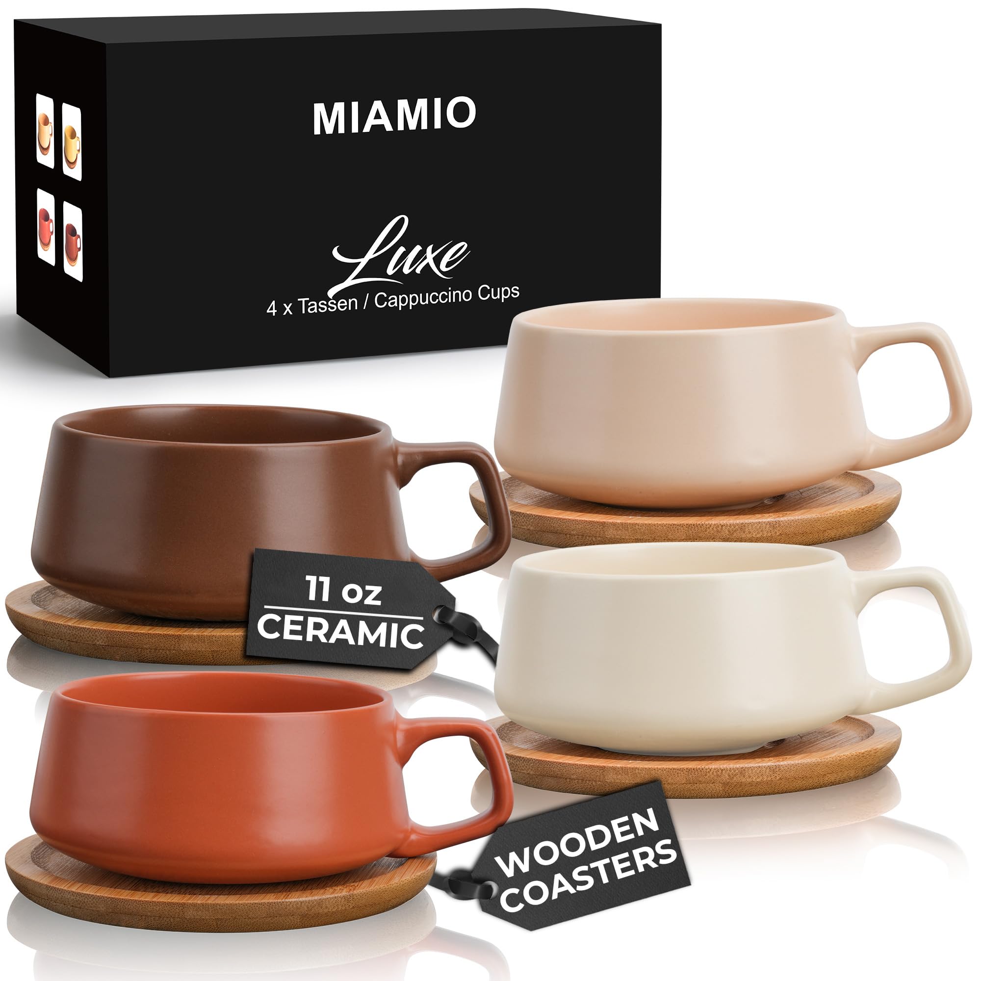 MIAMIO – 320 ml, Set of 4 Ceramic Tea Cup and Saucer Bamboo/Tea Mug - Wide Cappuccino Cup, Coffee Cups Ceramic Mug for Cappuccino, Latte, Espresso & Americano - Luxe Collection (Beige Pastel)