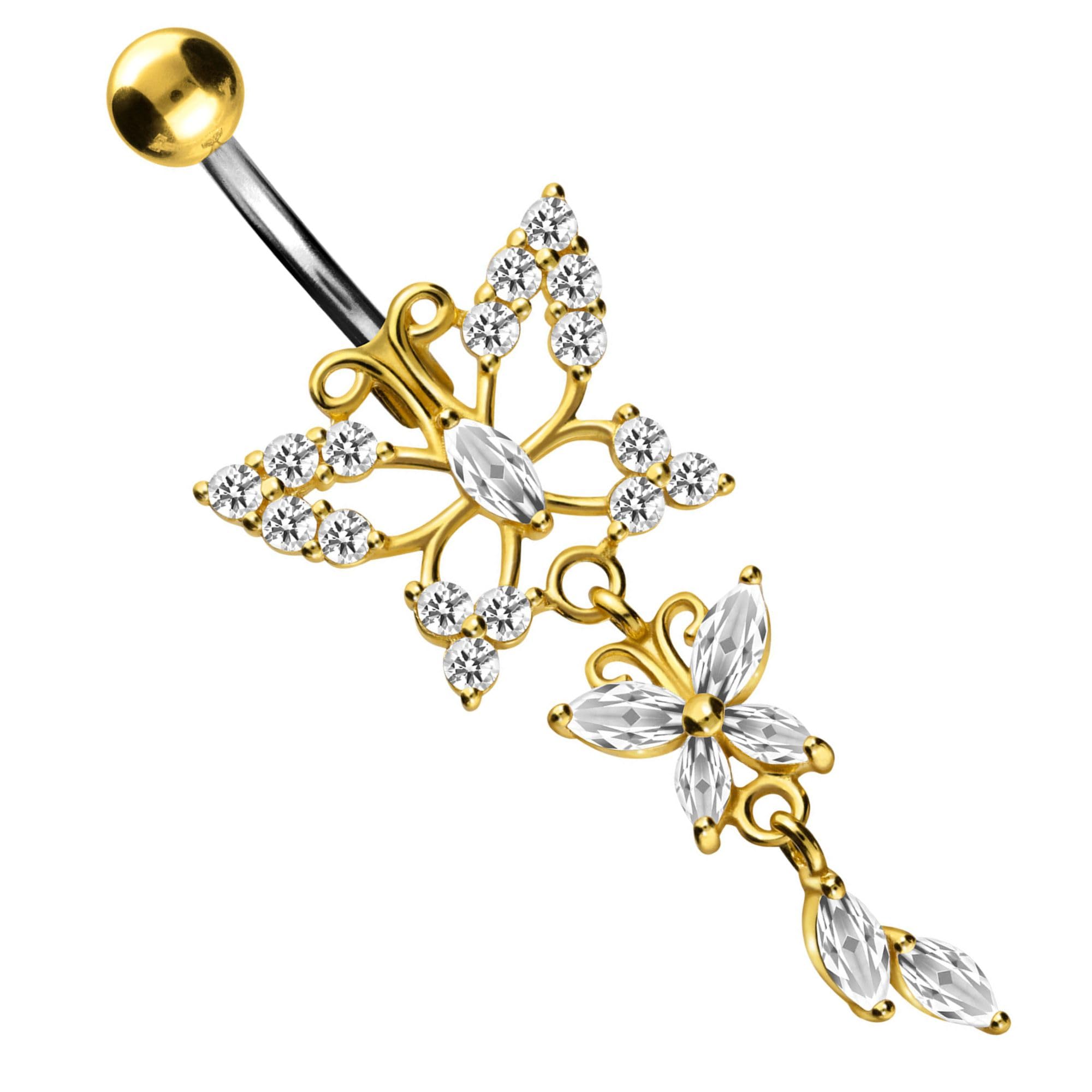PIERCINGLINE Titanium navel piercing with butterfly design 925 silver - Bananabell piercing in gold colour
