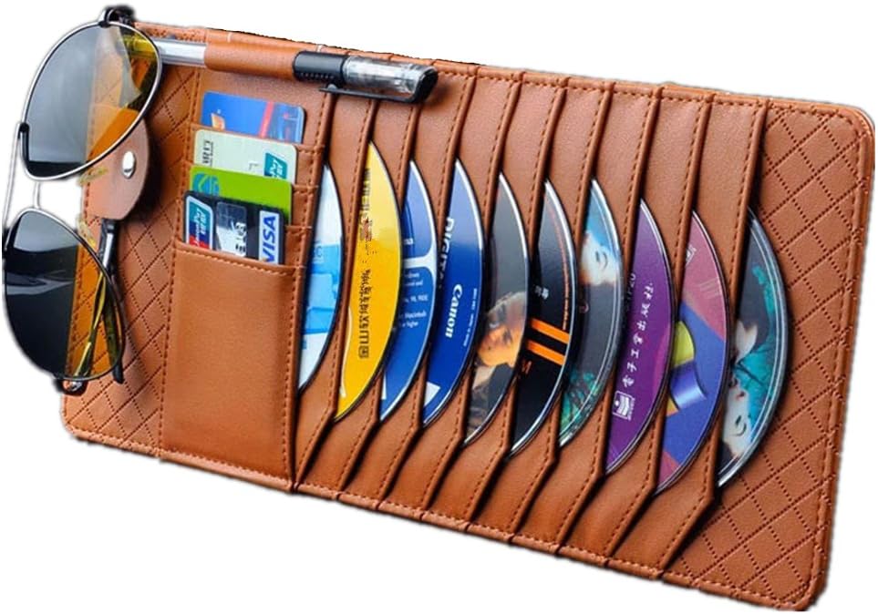 TO Design Auto Luxury Leather Auto Car Sun Visor Shade Organizer Brown CD/DVD Sports Fashion Travel Holder Bag Cards Wallet Pocket Pen Glasses Clip Cover Storage