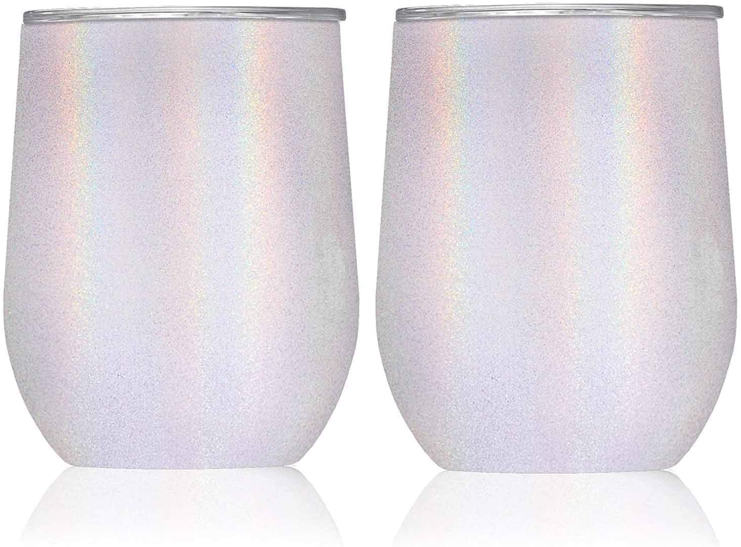 VANTIC WT-RWD 12 oz Tumbler with Lid, Double Vacuum Insulated Stemless Wine Glass Perfect for Home, Office and Travel, White-Rainbow (2 Pack)
