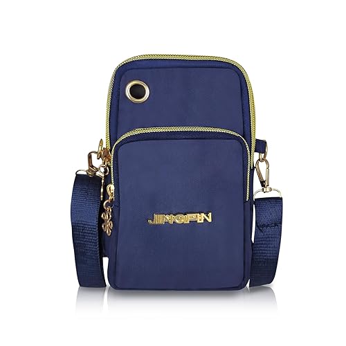 AfitLulu 7-Inch Phone Bag with Headphone Hole and Elastic Band for Put it on the Arm, 3 Zipper Pocket Small Shoulder Bags Women Crossbody Bag Canvas with Detachable Shoulder Strap (Blue)