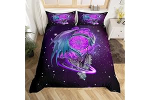 Erosebridal Galaxy Bedding Set Queen Size Dream Catcher Comforter Cover Boho Theme Duvet Cover Set Dragon and Feather Printed 3 Piece Bedding Decorative with 2 Pillow Cases for Kids Adults,Purple