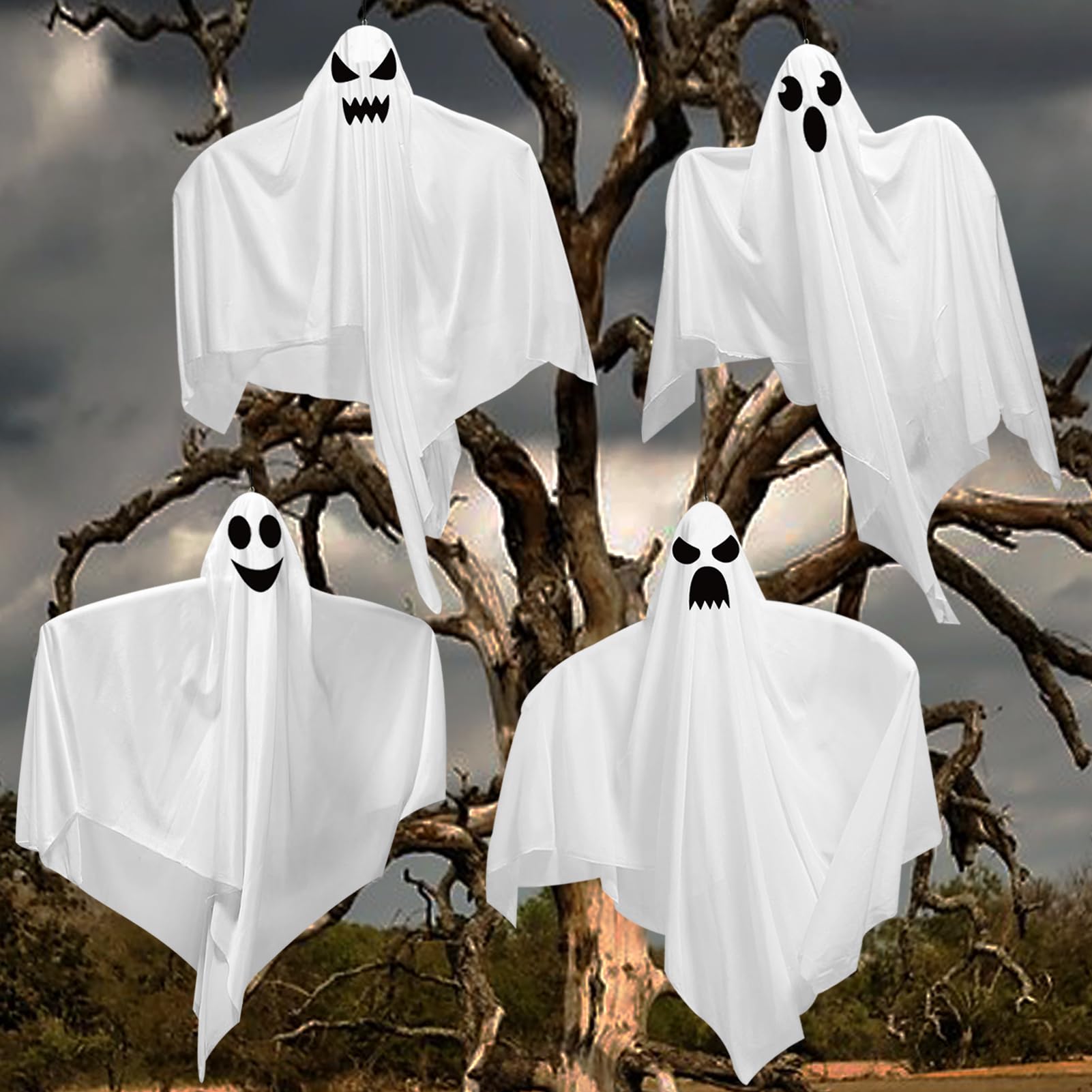 Photo 1 of 4 Pack 31.5" Halloween Hanging Ghosts, Cute Flying Ghost Halloween Party Decorations for Front Yard Patio Lawn Garden Holiday Decorations