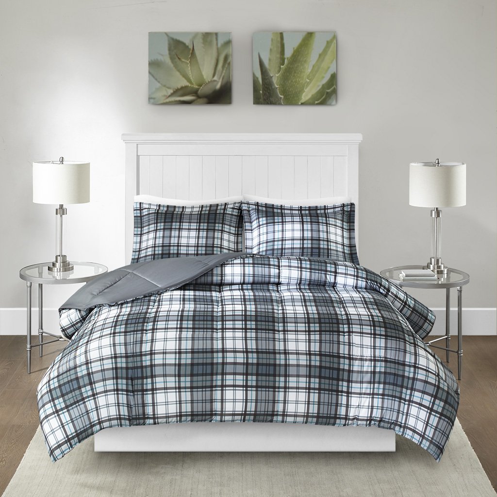Madison Park Essentials Parkston 3M Scotchgard Stain Release Plaid Down Alternative Comforter Mini Set, Full/Queen, Grey