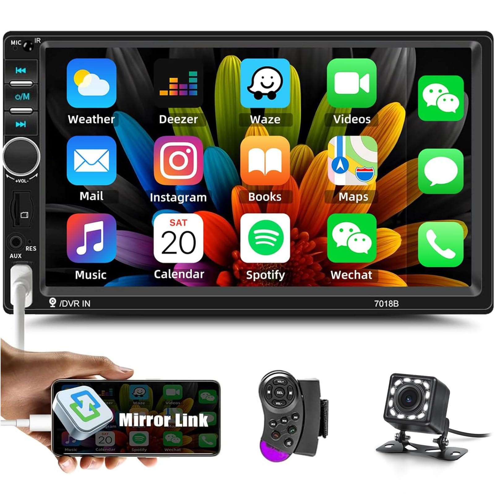 CAMECHO Double din Car Stereo with Bluetooth 7 Inch Touch Screen Car Radio with Mirror link for Android/IOS FM Radio SWC DVR USB AUX TF SD Car Multimedia Player+Backup Camera+Remote Control