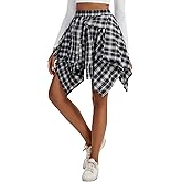 Timormode Women's Plaid Skirts Tie Front Pleated Asymmetrical Skirt Y2K Mini Skirt