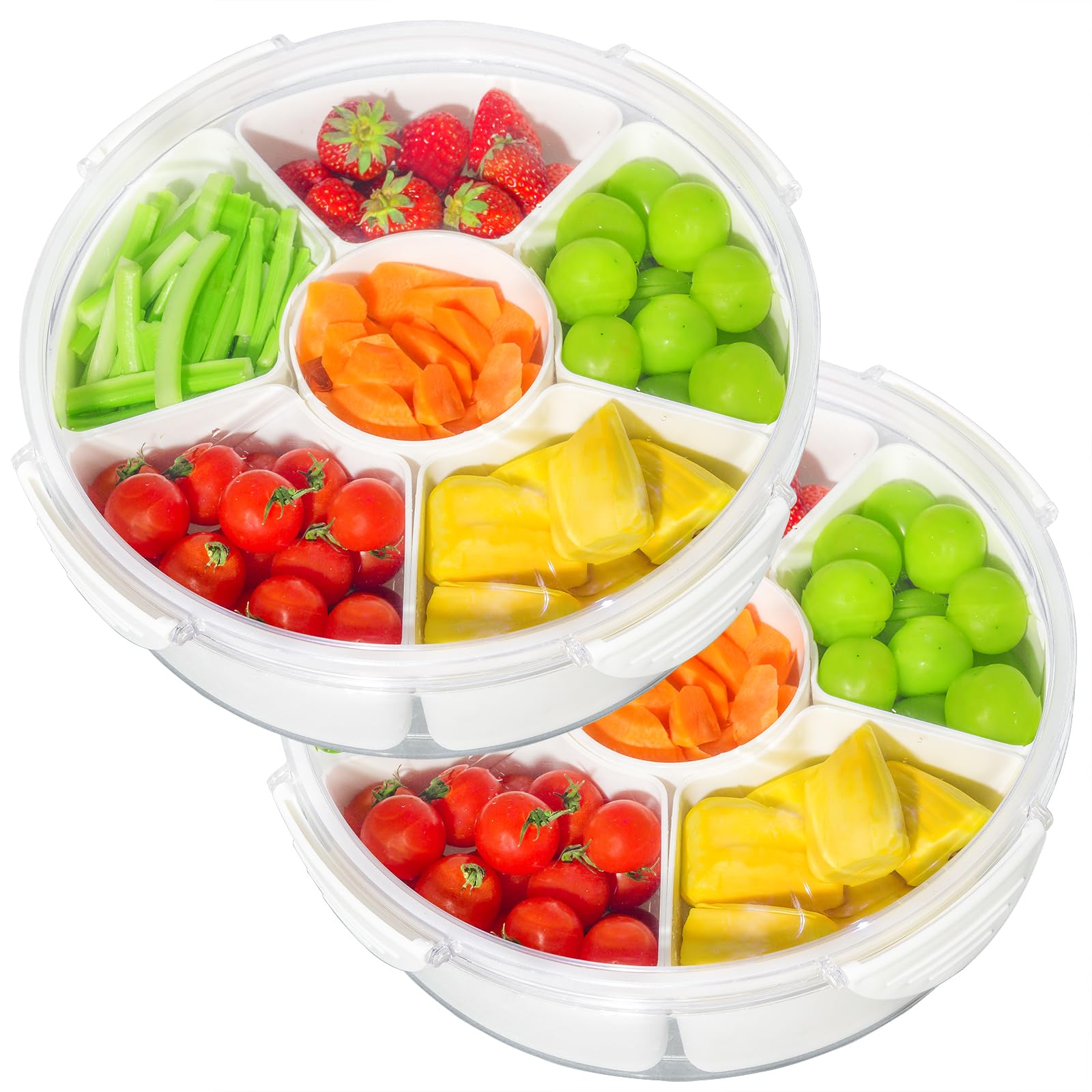 Photo 1 of 2 Pack Veggie Tray with Lid for Fridge, Clear Divided Serving Tray with Dip Snackle Box Container 6-Compartment Snack Storage for Party, Reusable Dinner Fruit Platter for Refrigerator Organizer Bins
