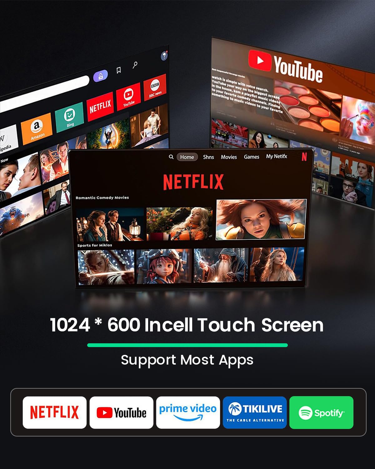 Roinvou car radio screen showing various supported applications like Netflix and YouTube.