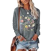 FAOUEOW Women's Vintage Floral T Shirt Boho Wildflower Graphic Loose Tees Fall Long Sleeve Blouse Shirts Casual Tunic Tops