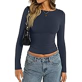 EasyGala Womens Cotton Boat Neck Long Sleeve Shirts Basic Going Out Stretchy Slim Fit Y2k Crop Tops