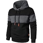 Qichic Men’s Sweatshirts Long Sleeve Pullover Patchwork Plaid Jacquard Hoodie Casual Drawstring Hoody Top
