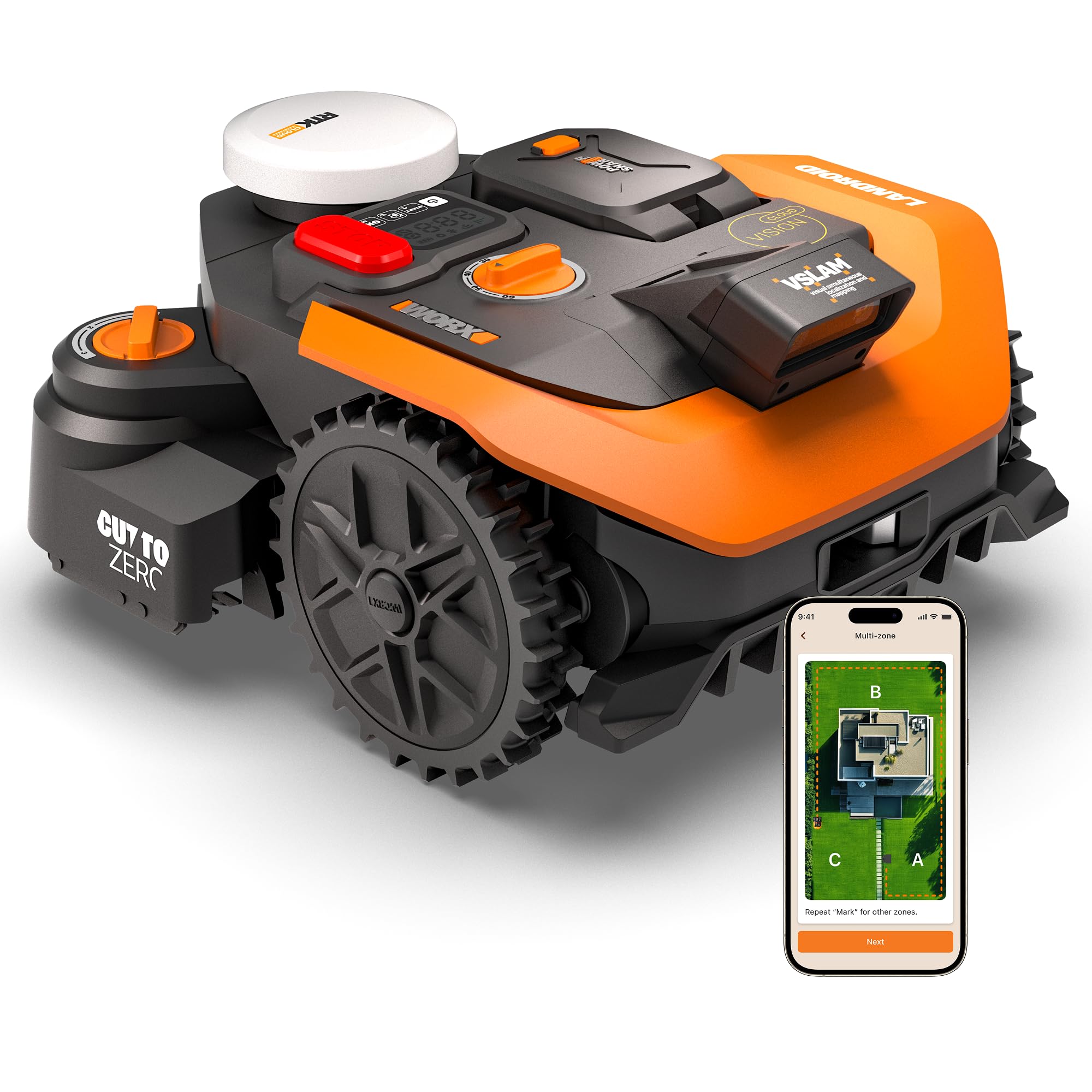 WORX Landroid Vision Cloud WR318E 2WD Mähroboter ohne Begrenzungskabel für 1800 m² (KI-Hinderniserkennung, VSLAM+ RTK Cloud Navigation, Auto-Mapping, App-Steuerung, Cut-to-Zero, RadioLink)