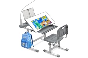 BELANITAS Kids Desk and Chair Set, Height Adjustable Kids School Desk for Kids, 40 Degree Tiltable Desktop Kids Study Desk for Home, Writing Desk for Kids, Kid Desk with Lights, Space Grey
