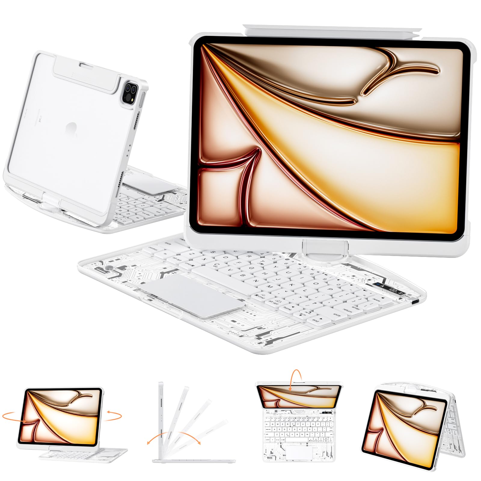 Photo 1 of Tiaota Transparent Case with Keyboard for iPad Pro 13 inch (M5/M4, 2025/2024), iPad Pro 13,7-Color Backlit,Magic wireless Keyboard, 360°Rotating,Multi-Touch trackpad,Pencil Holder,with shortcuts,white